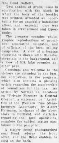 A newspaper column ending with a description of a timber scene on the front and Bend emblem on the back.