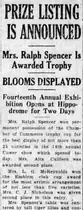 A newspaper column reporting prize winners at the fourteenth annual flower show, including Mrs. L. G. McReynolds winning the Emblem club cup.