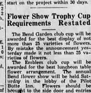 A newspaper notice headed Flower Show Trophy Cup Requirements Restated, describing what the Bend Garden club and Emblem club cups will be awarded for.