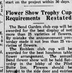 A newspaper notice headed Flower Show Trophy Cup Requirements Restated, describing what the Bend Garden club and Emblem club cups will be awarded for.