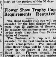 A newspaper notice headed Flower Show Trophy Cup Requirements Restated, describing what the Bend Garden club and Emblem club cups will be awarded for.