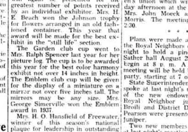 A newspaper column describing the cups to be awarded at the flower show, including the Emblem club cup for a miniature displayed on a mirror.