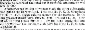 A newspaper paragraph listing gifts to Bend’s library fund, including one of twenty-five dollars from the Emblem club.
