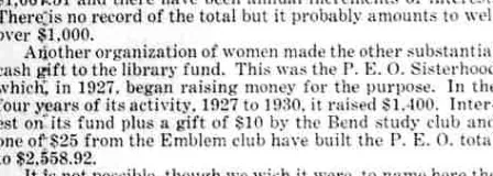 A newspaper paragraph listing gifts to Bend’s library fund, including one of twenty-five dollars from the Emblem club.