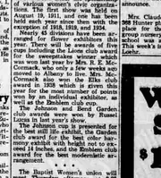 A newspaper column reporting that the first flower show was held on August 19, 1911 and one each year since except 1918, 1919 and 1934, and listing five cups including the Emblem club award for the best modernistic arrangement.