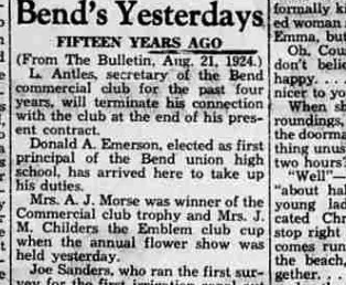 A newspaper column headed Bend’s Yesterdays, Fifteen Years Ago, reprinting an August 1924 report naming the winners of the Commercial club trophy and the Emblem club cup.