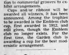 A newspaper paragraph saying that among the trophies to be awarded is the Emblem club cup, first awarded in 1912 and still given though the Emblem club no longer exists.