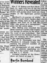 A newspaper column headed “Winners Revealed”, reporting that Mrs. C. H. Bishop received the Emblem club trophy for earning the most points in the vegetable display.