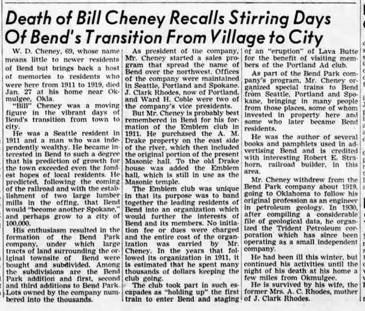 The obituary’s three columns recall Cheney’s work in Bend.