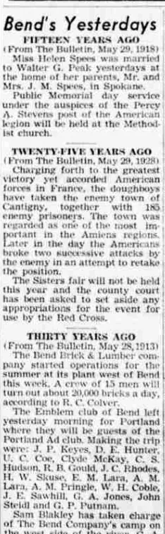 A newspaper retrospective column headed “Thirty Years Ago”, reprinting an item about the Emblem club leaving for Portland and naming the men who went.