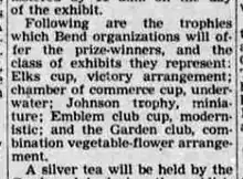 A newspaper paragraph listing the trophies Bend organizations will offer and the class each represents, including the Emblem club cup for modernistic.