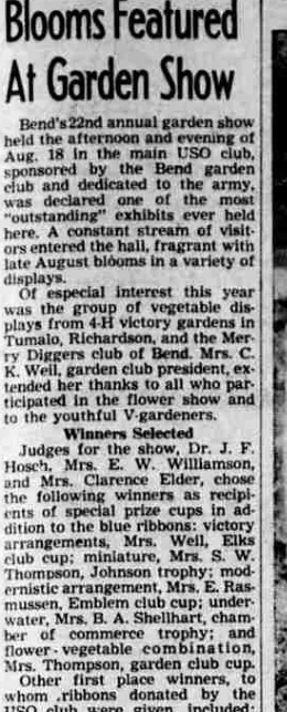 A newspaper feature on Bend's 22nd annual garden show, listing five special prize cups and their winners including the Emblem club cup for modernistic arrangement.