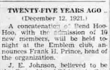 A newspaper retrospective column headed “Twenty-five years ago”, recalling a concatenation of Bend Hoo-Hoo at the Emblem club announced by Frank H. Prince.