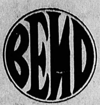 A solid circular device with the word BEND reversed out in white condensed interlocking capitals filling it edge to edge.