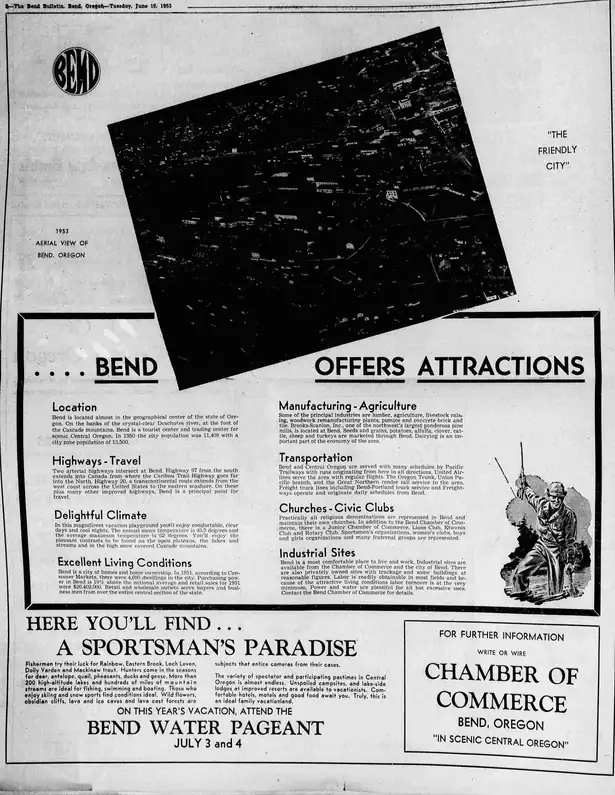 A full-page newspaper advertisement headed “.... BEND OFFERS ATTRACTIONS”, with a circular BEND device in the top left corner, an aerial photograph of the town, and the Bend Chamber of Commerce named at the foot.
