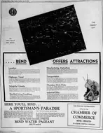 A full-page newspaper advertisement headed “.... BEND OFFERS ATTRACTIONS”, with a circular BEND device in the top left corner, an aerial photograph of the town, and the Bend Chamber of Commerce named at the foot.