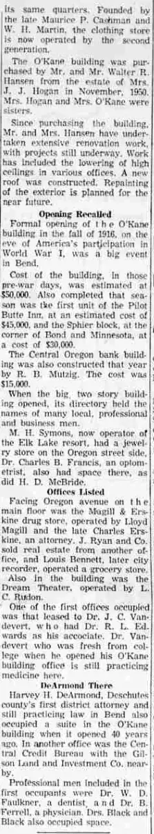 The second column of the O’Kane retrospective, with the ownership and renovation account.
