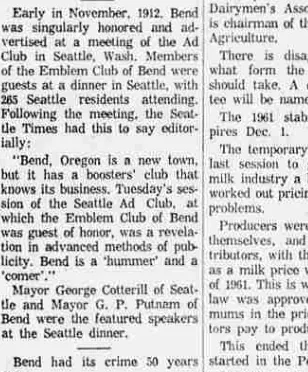 A newspaper column recalling that the Emblem Club of Bend was guest of honour at a Seattle Ad Club dinner in November 1912 and quoting the Seattle Times editorial about it.