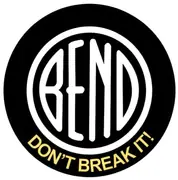 Black BEND letters within a circle, with the separate gold slogan DON’T BREAK IT! below.