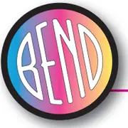 A tilted Bend circle with narrow white letters over a colored background, followed by Rubber Stamp and Printing.