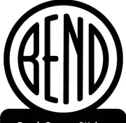 A black-and-white circular Bend sticker with tall narrow letters and a Bend, Oregon Sticker label below.