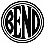 A black disc with the letters BEND in white, drawn with two heavy detached rings and broad smooth letters.