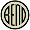 A cream disc with a heavy black ring, the word BEND across it in narrow black letters.