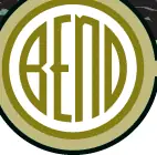 A tall badge with BEND arched over OREGON above a colour block-printed landscape, and a gold roundel enclosing BEND at the foot between 19 and 05.