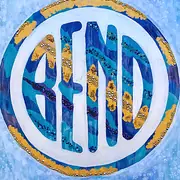 A painted circular panel, the word BEND filling it in blue and teal letters with gold accents, inside a white ring and a beaded teal outer ring.