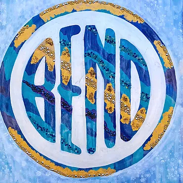 A painted circular panel, the word BEND filling it in blue and teal letters with gold accents, inside a white ring and a beaded teal outer ring.