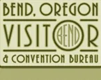 A green panel reading BEND, OREGON over VISITOR, the O of VISITOR replaced by a circular BEND emblem, over & CONVENTION BUREAU.